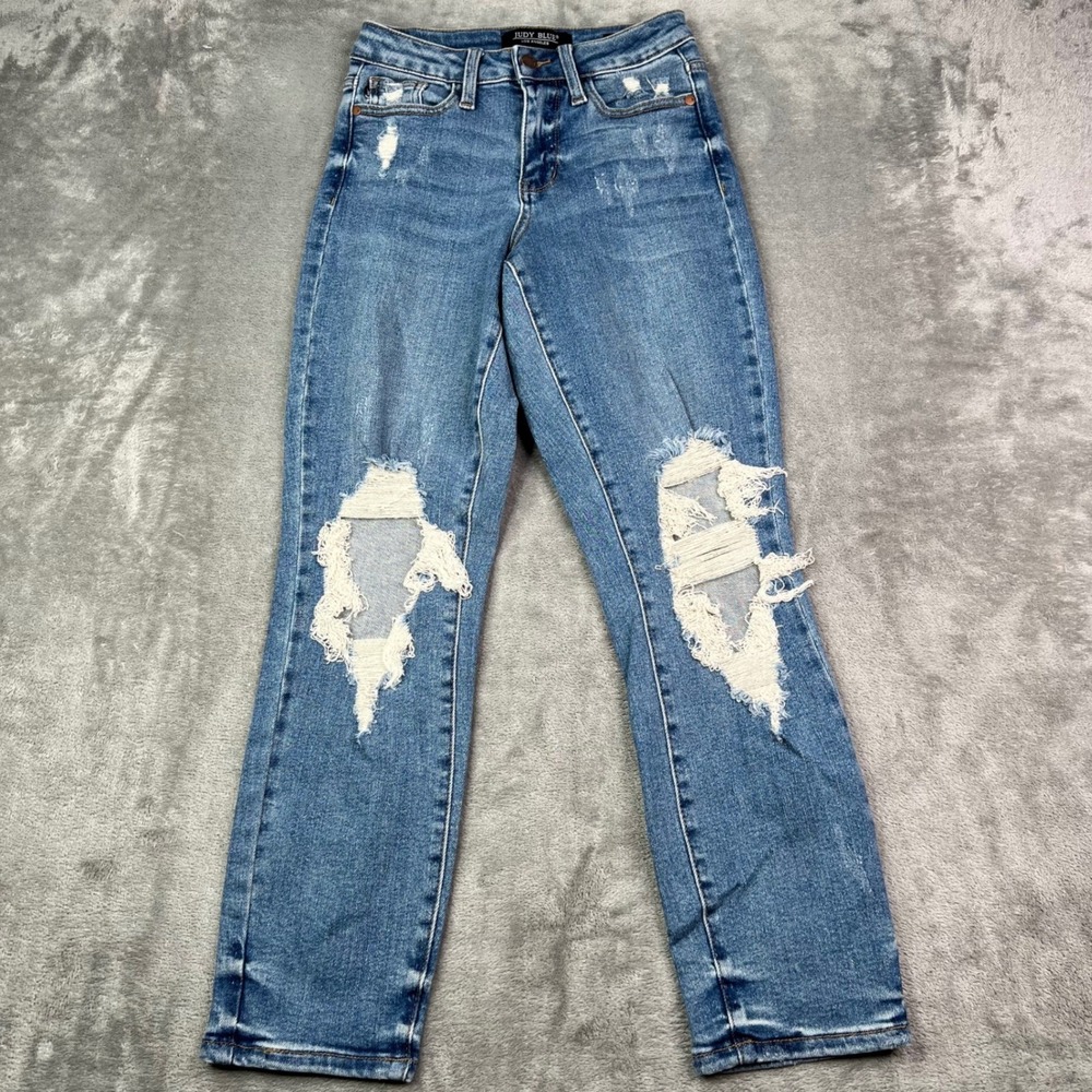 Judy Blue Boyfriend Jeans Womens 0/24 Blue Distressed Stretch High Rise Denim